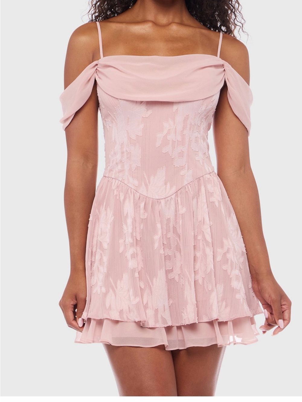 B Darlin Dusty Pink Off-Shoulder Lace Mini Dress